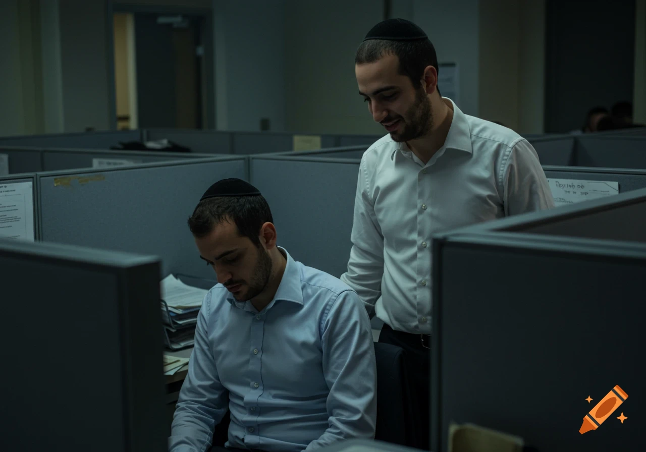 Two men wearing yarmulkes in an office cubicle. One man sits looking down, while another man stands over him smiling.