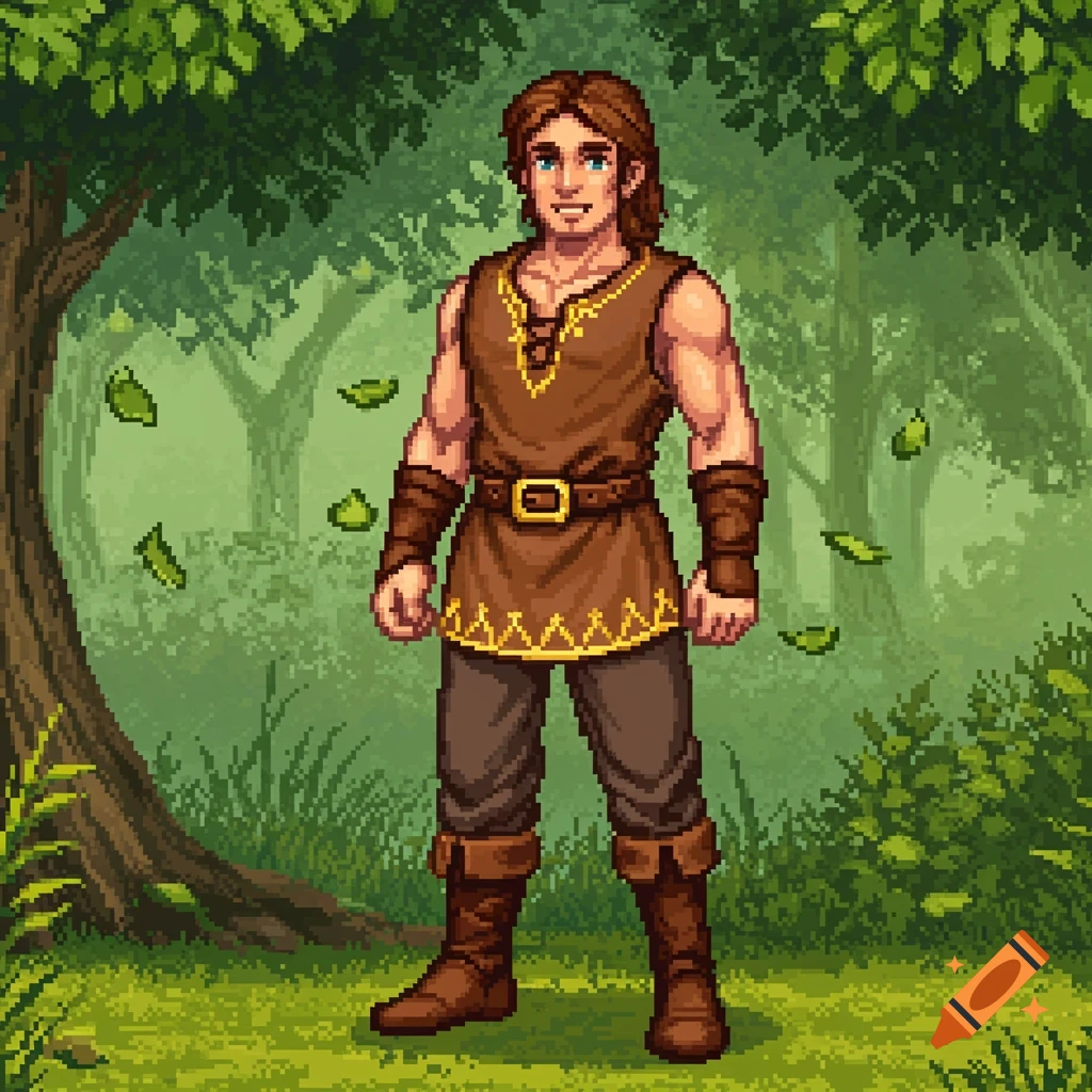 A smiling pixel art male character in a brown tunic and boots stands in a green forest with falling leaves.