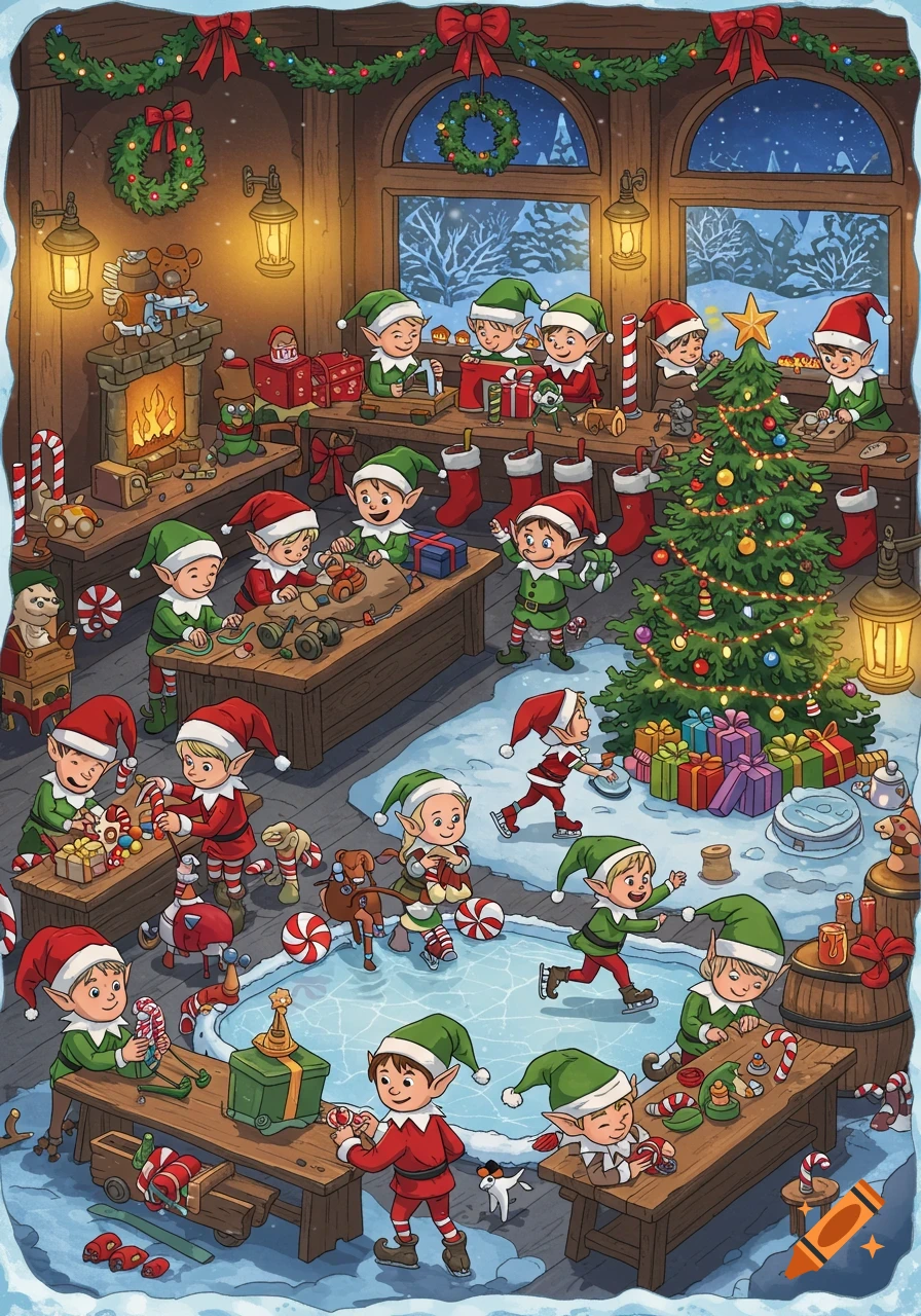 A detailed cartoon illustration of many happy Christmas elves in a bustling workshop, making toys, ice skating, and decorating for the holidays.