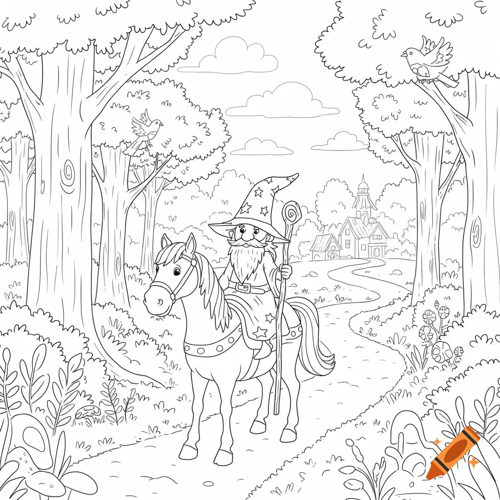 A cartoon coloring book style illustration of a wizard riding a horse through a forest, with a village in the background.