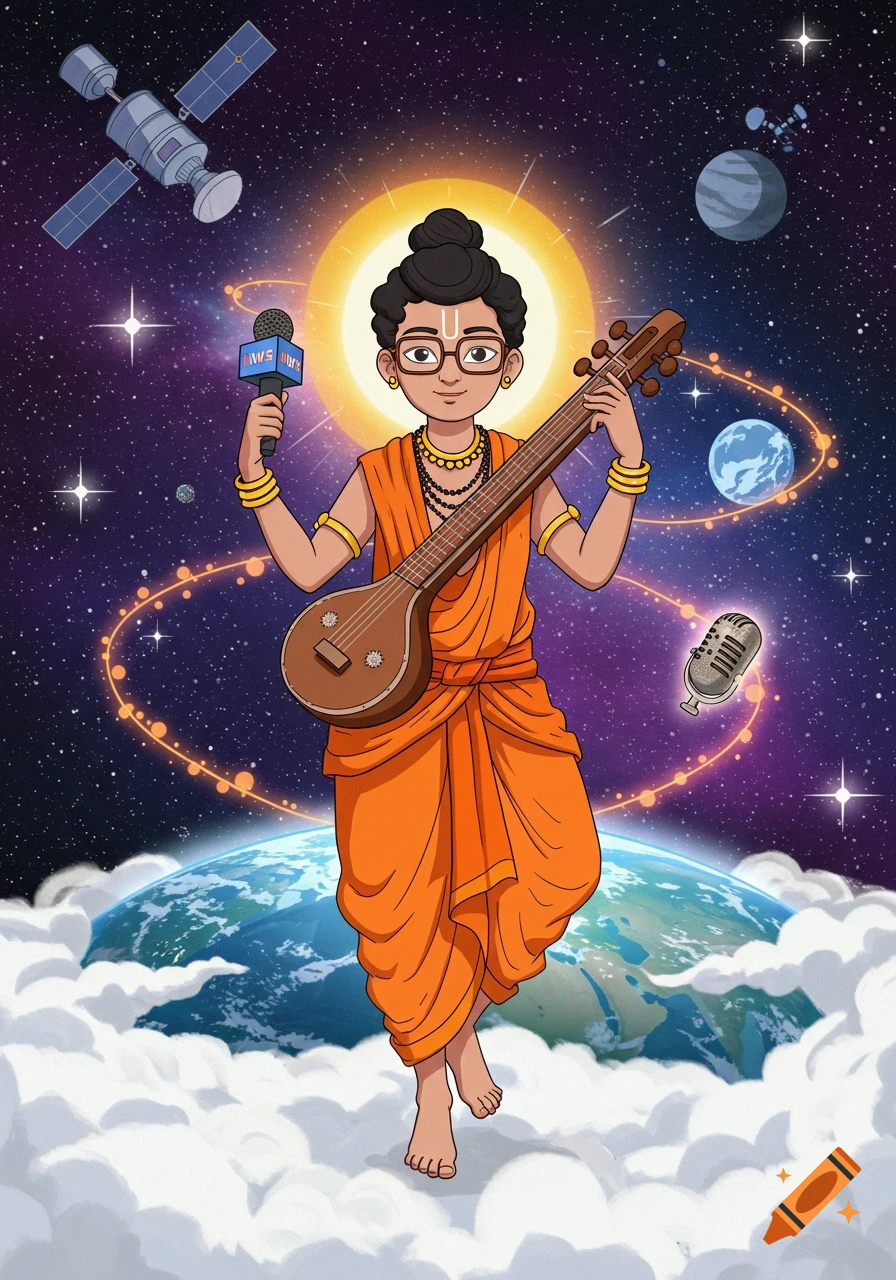 A 2D cartoon Indian sage floats above Earth in space, holding a news microphone and a string instrument, surrounded by planets and satellites.