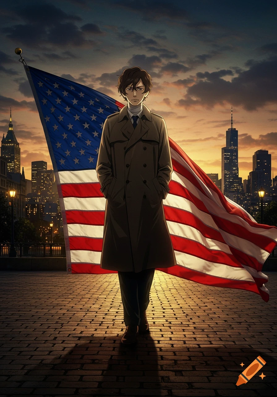Anime-style character in a trench coat standing before a large American flag and city skyline at sunset.