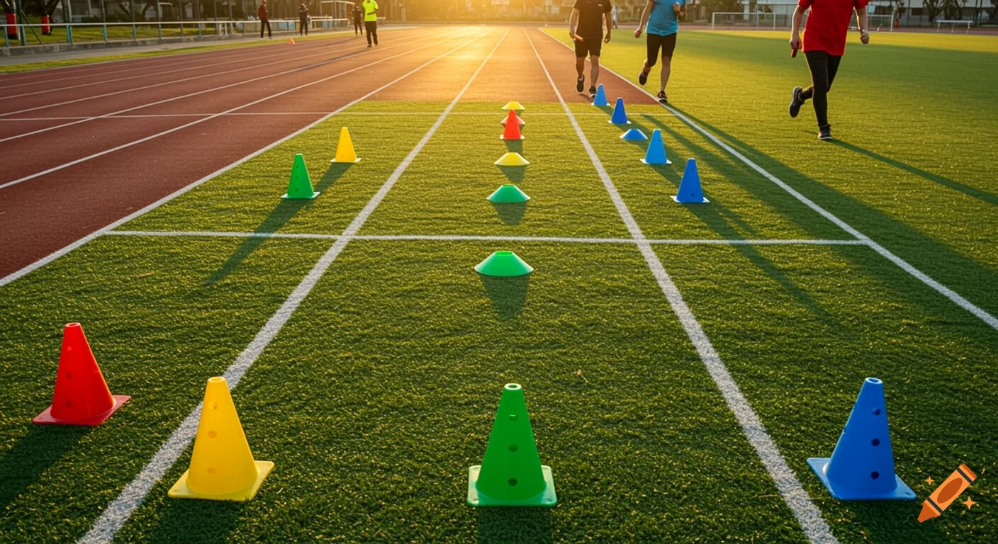 People run on a green sports field with white lines and colorful training cones under a warm, golden sky.