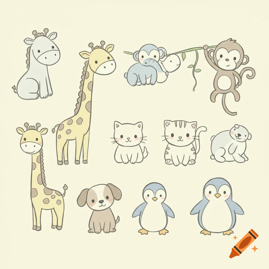 A collection of cute cartoon animals, including giraffes, monkeys, elephants, cats, a dog, and penguins, on a light background.