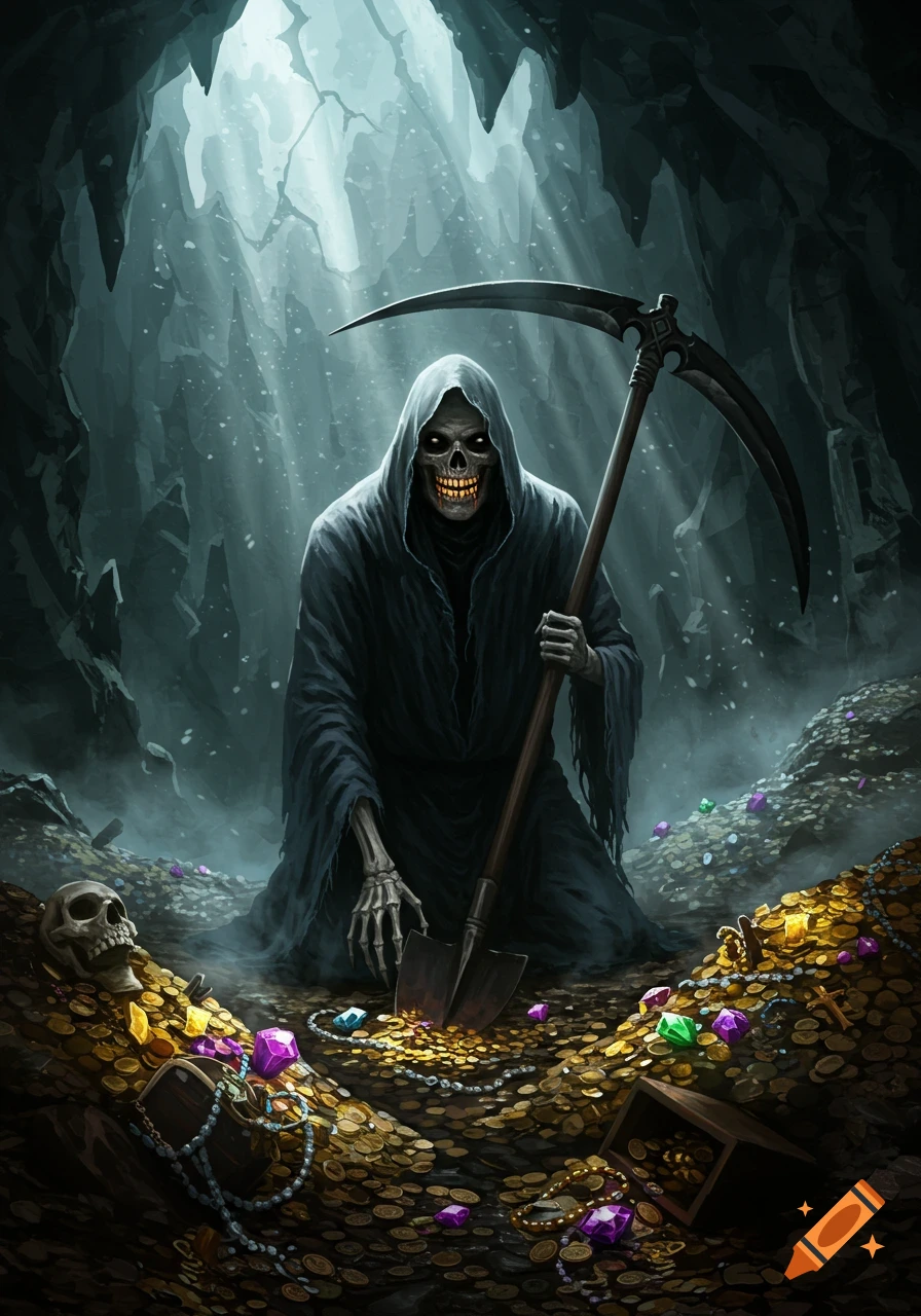 A Grim Reaper with a skeletal face and gold teeth kneels in a dark cave, digging into a pile of gold and jewels with a shovel and holding a scythe.