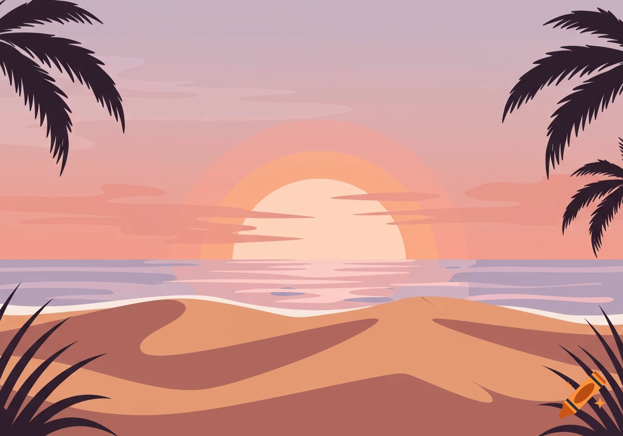 A colorful, stylized illustration of a beach at sunset with palm trees silhouetted against a vibrant sky.