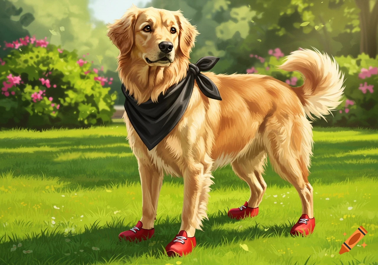 An illustrated Golden Retriever dog wearing a black bandana and red shoes stands in a grassy park.