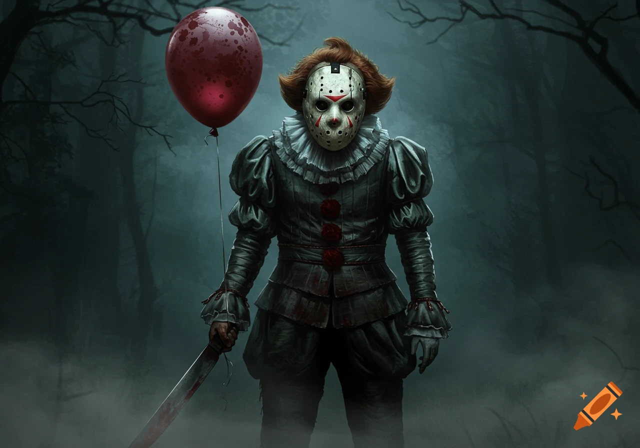 A horror figure combining Jason Voorhees with Pennywise stands in a dark, misty forest, holding a bloodied machete and a red balloon.