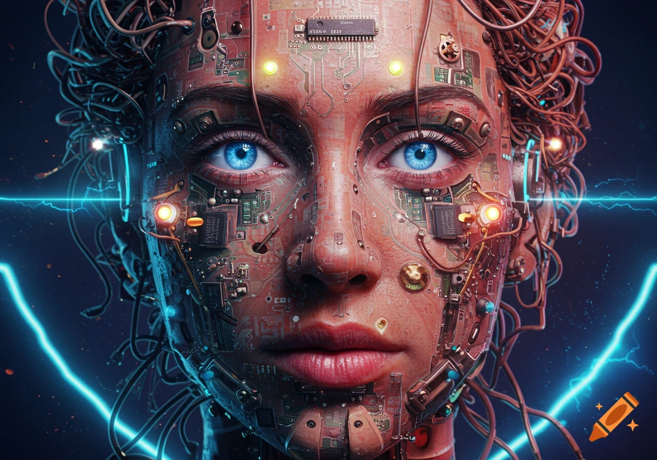 Close-up digital portrait of a face composed of circuit boards and wires with glowing blue eyes and neon lightning.