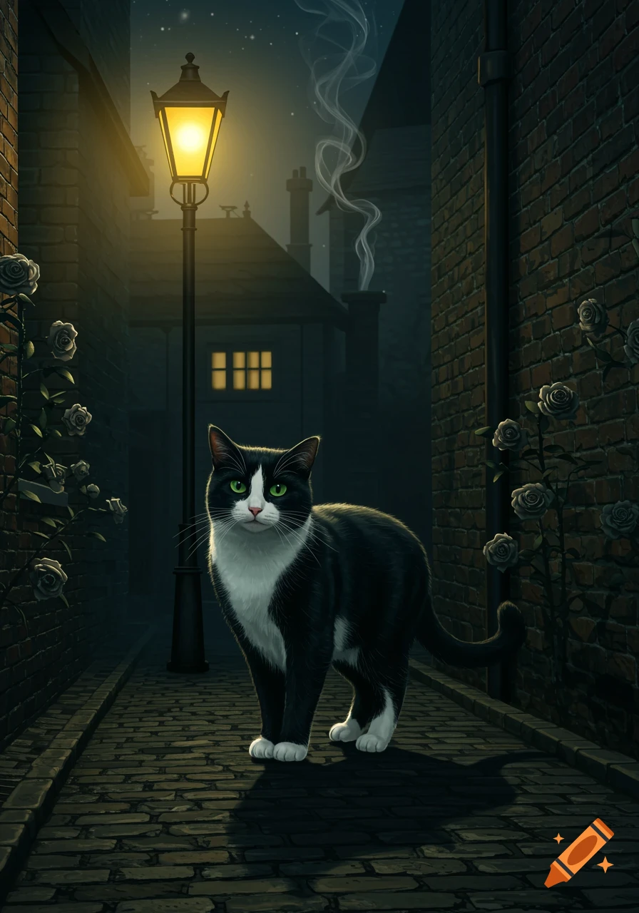 A black and white tuxedo cat stands in a dimly lit, cobblestone alley under a glowing gas lamp at night, with white roses climbing brick walls.