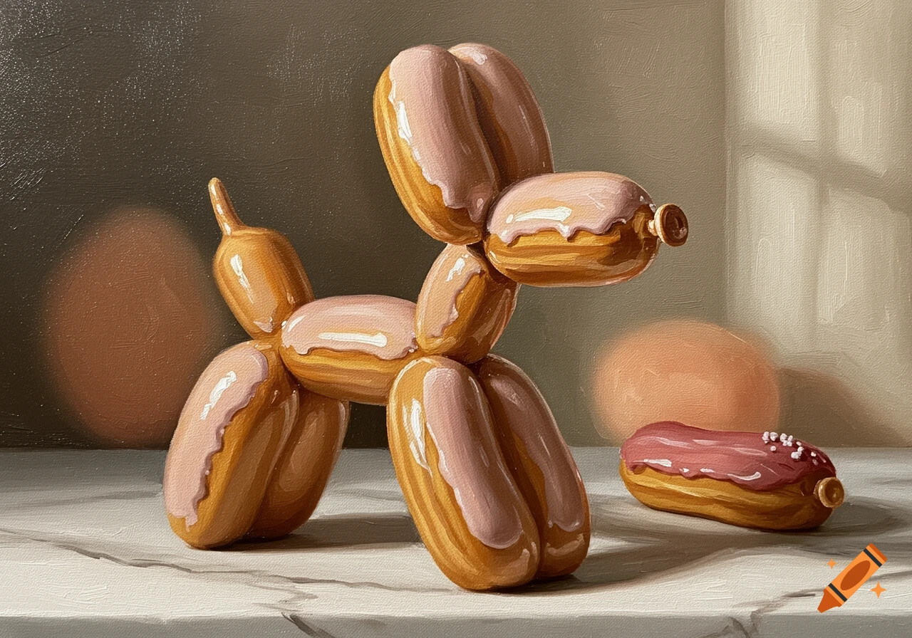 An oil painting depicting a balloon dog crafted from eclairs, with another eclair nearby, resting on a marble surface.