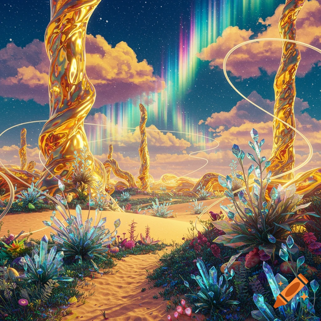 A vibrant fantasy desert landscape with twisted golden structures, glowing crystal plants, and a colorful aurora in the sky.
