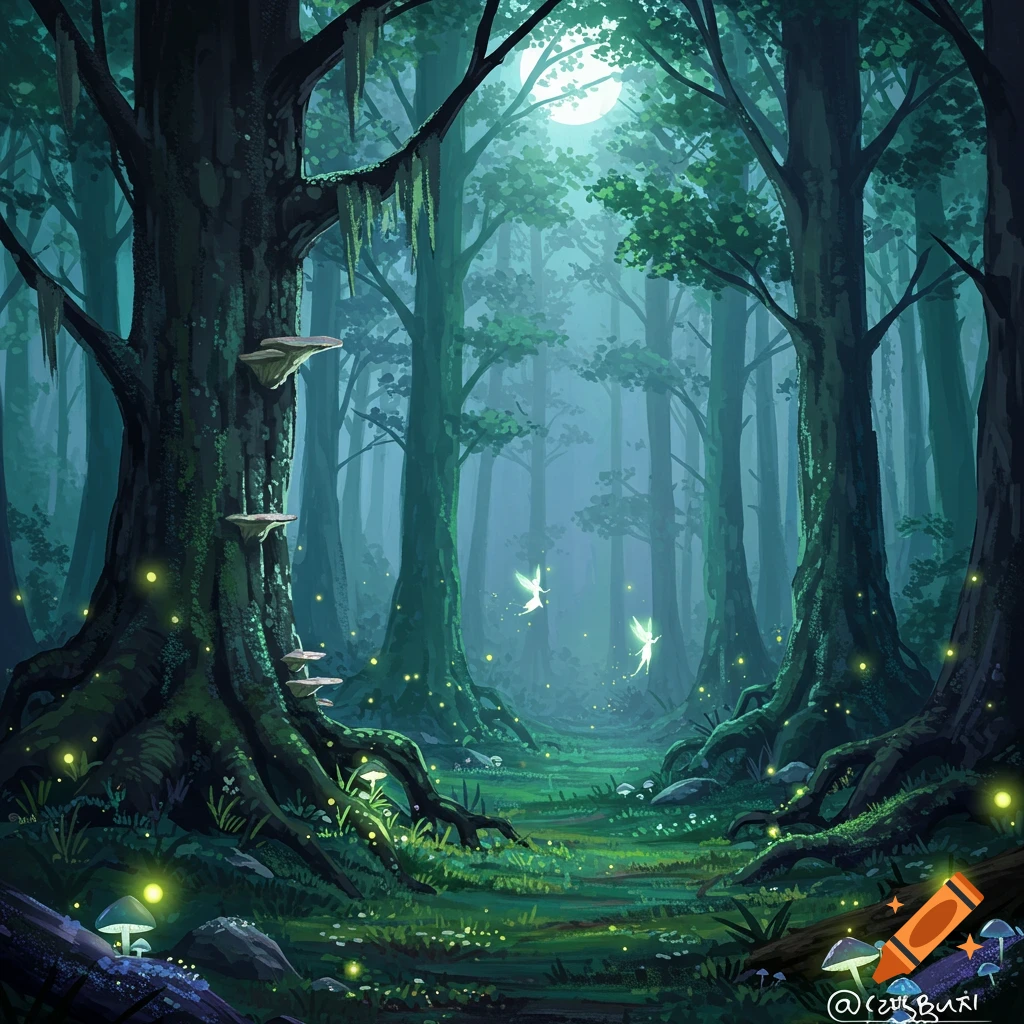 A mystical forest at night, illuminated by a full moon, with glowing mushrooms, plants, and two small fairies flying through the trees.