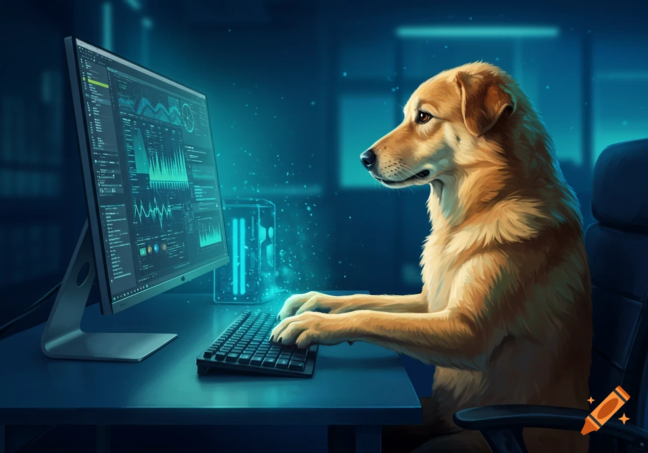 A golden retriever dog sitting at a desk, typing on a computer keyboard with a monitor displaying data and code in a dark, tech-themed room.