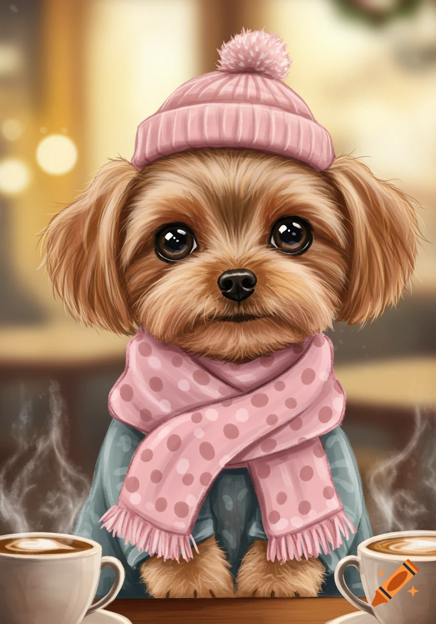 A cute brown furry dog wearing a pink knitted hat and a pink polka-dot scarf, sitting at a table with two steaming coffee cups.