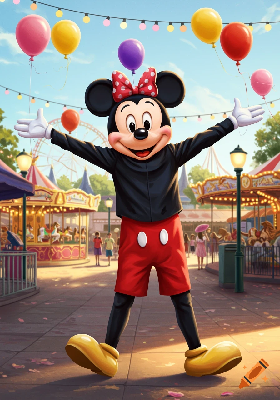 Mickey Mouse standing with outstretched arms in a vibrant, sunny amusement park with colorful balloons overhead.