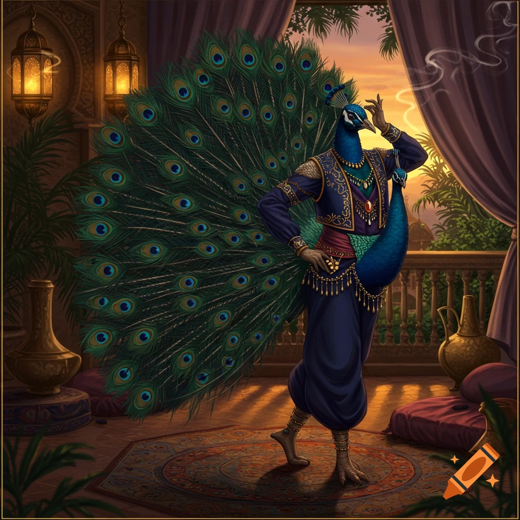 A flamboyant bipedal peacock man in an ornate Middle Eastern dancer outfit stands in a richly decorated room at sunset.