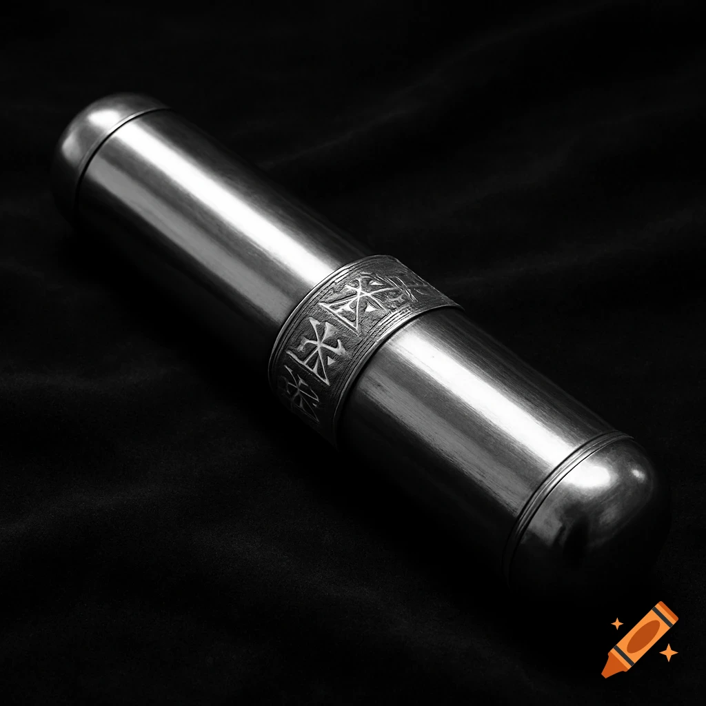 A silver metal cylinder with domed ends on a dark background, featuring an engraved band of arcane runes around its center.