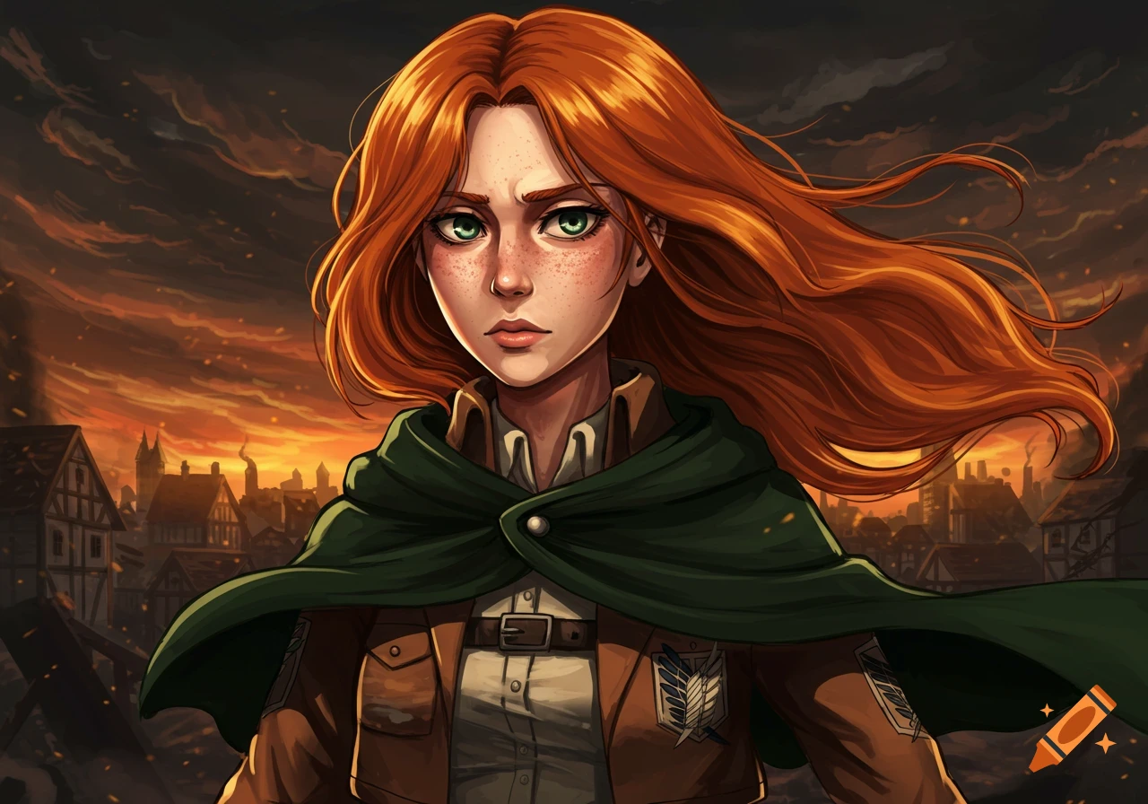 Red-haired woman with freckles in an Attack on Titan scout uniform, serious expression, with a dramatic sunset over a town in anime style.