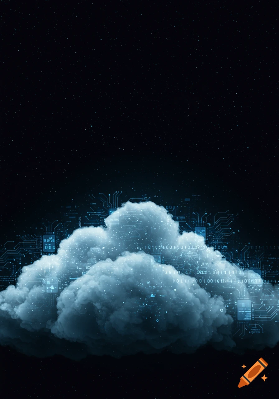 A stylized image of fluffy white clouds intertwined with glowing blue circuit board patterns and binary code, set against a dark, star-filled night sky, symbolizing cloud computing.
