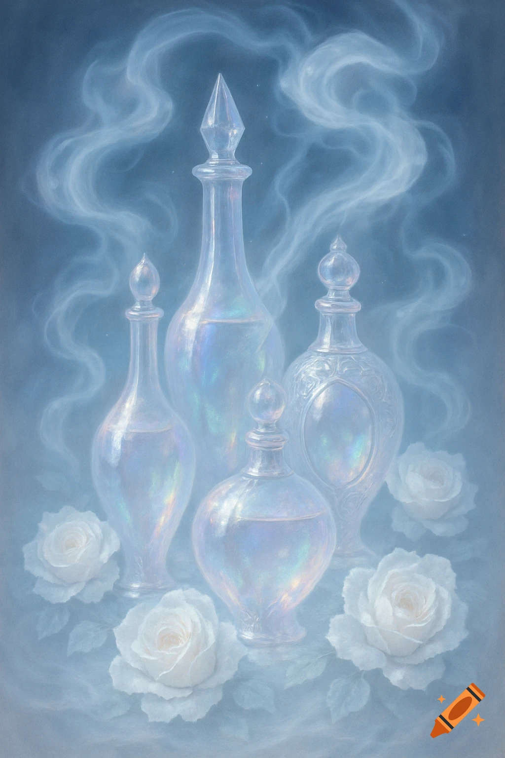 Four translucent glass bottles with iridescent liquid and white roses surrounded by ethereal mist on a blue background.