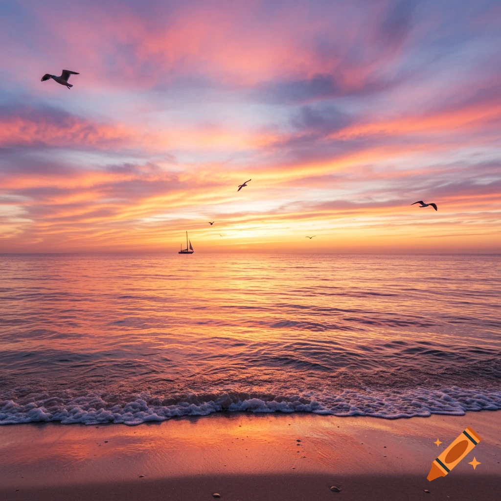 Photorealistic image of a vibrant orange and pink sunset over the ocean, with a sailboat and birds in the sky and waves on a sandy beach.