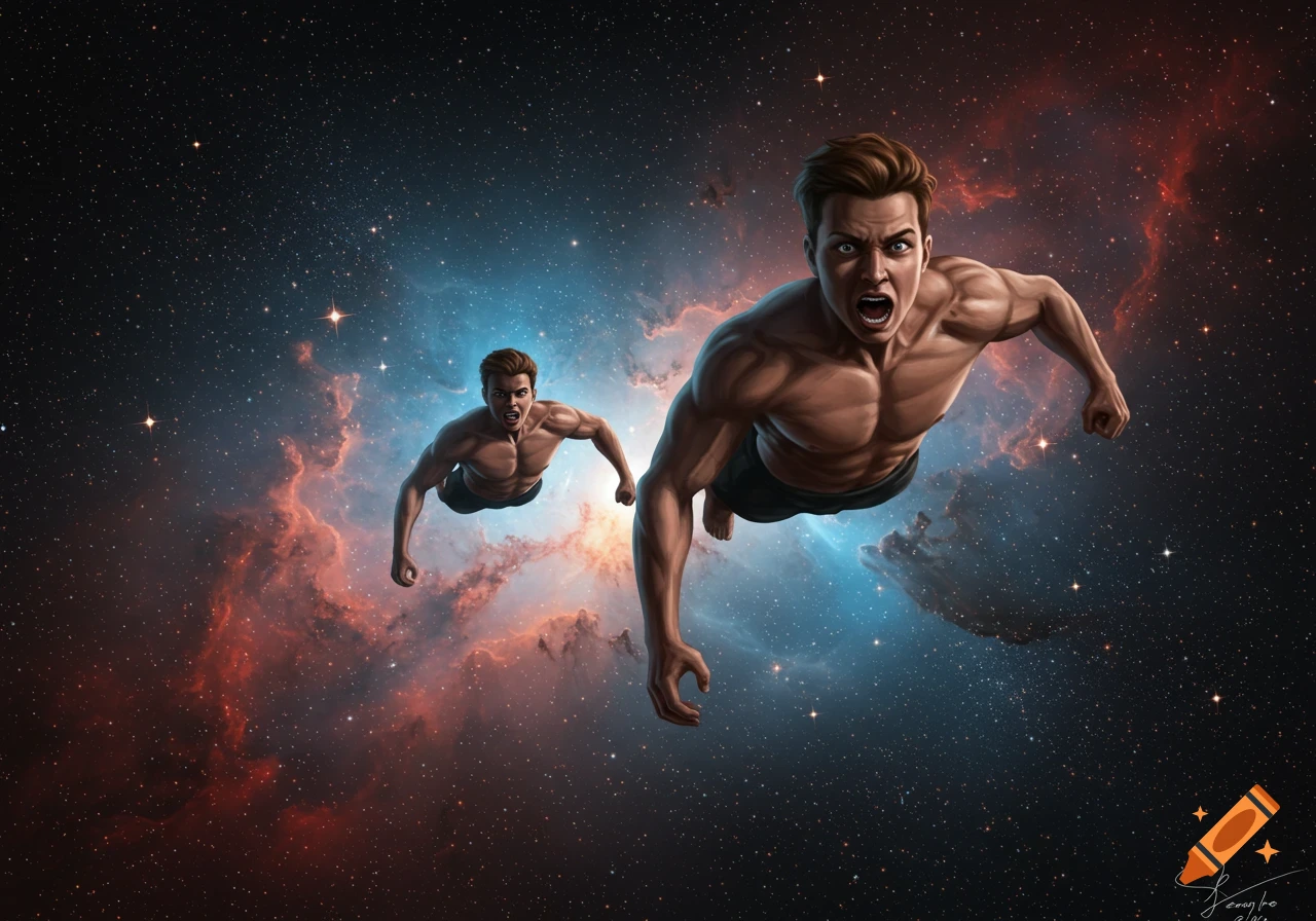 Two muscular men with fierce expressions fly through deep space with colorful nebulae and stars, in a comic book illustration style.