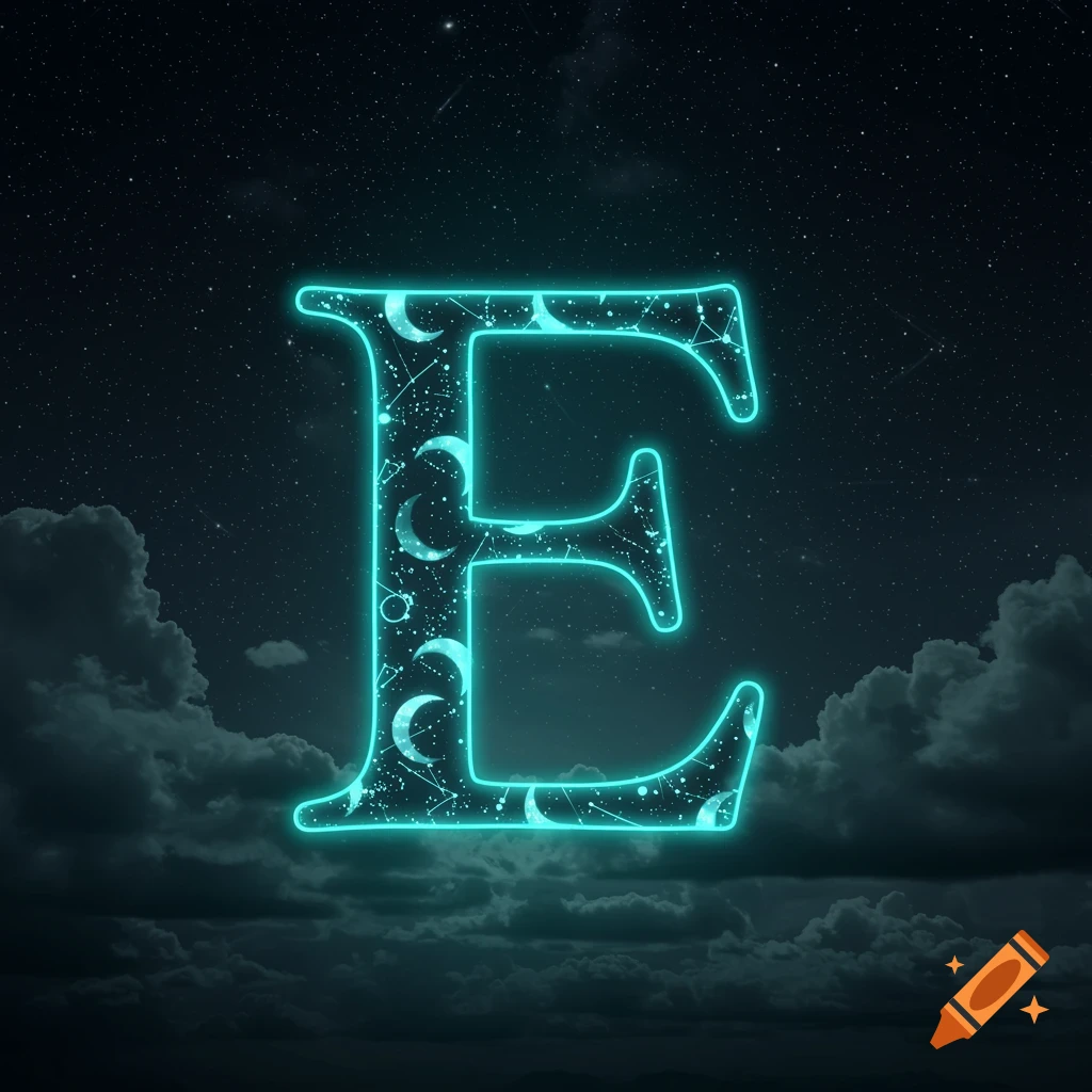 Neon cyan letter E with moon and star patterns against a dark starry sky and clouds.