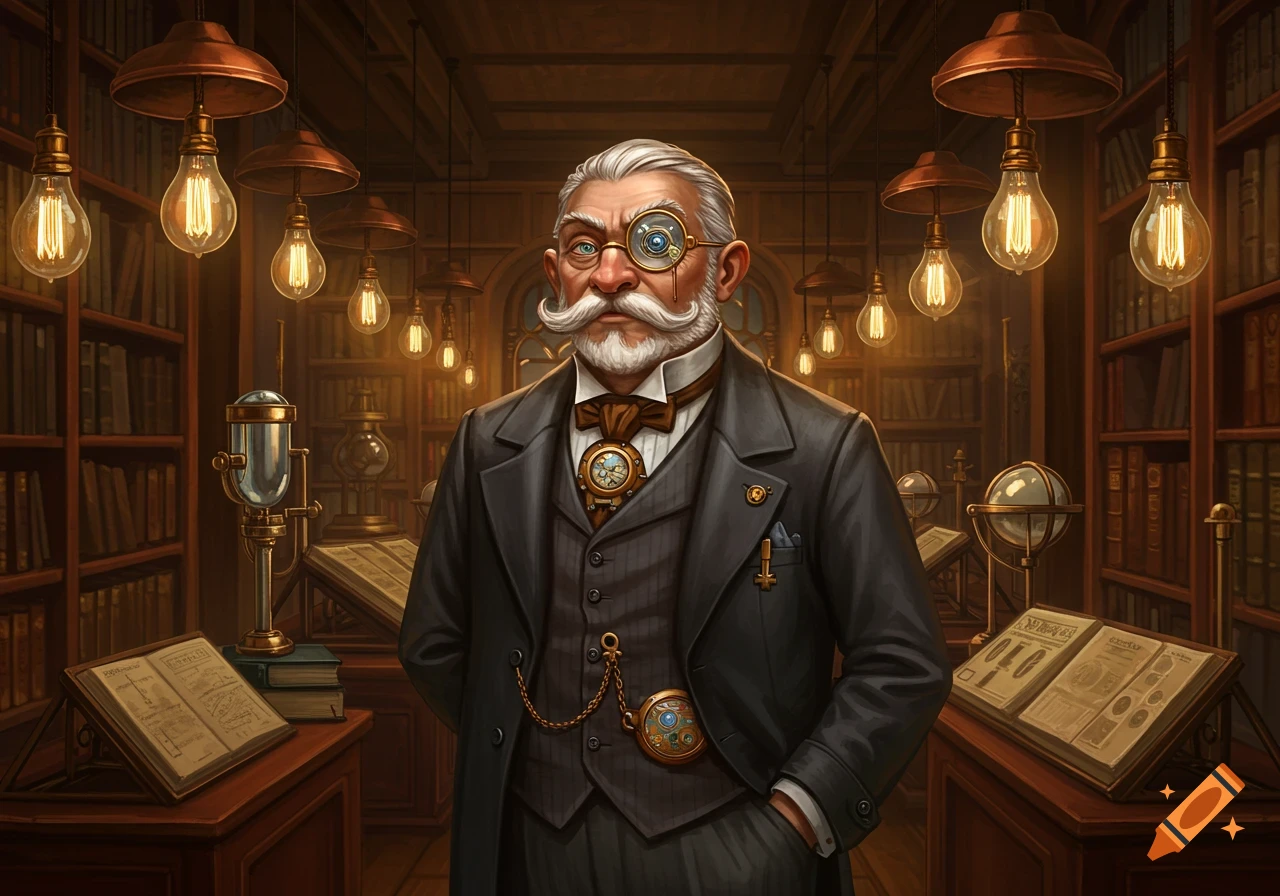 A steampunk gentleman with a monocle and white mustache stands in a dimly lit library filled with books and glowing light bulbs.