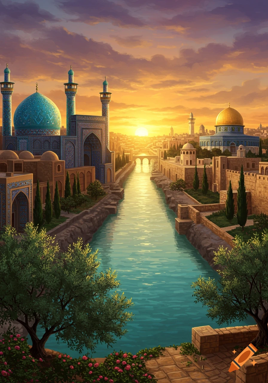 Vibrant illustration of an ancient city with a river, ornate mosques, and buildings under a dramatic sunset.