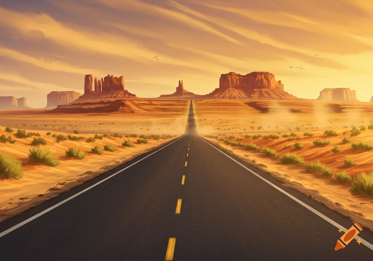 A digital art illustration of a highway road stretching through a desert landscape with rock formations under an orange sunset sky.