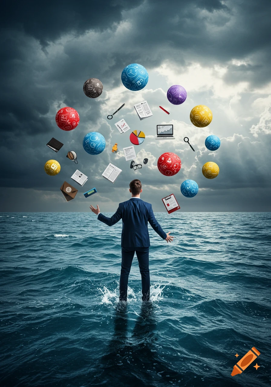 A businessman stands in choppy ocean water under a stormy sky, surrounded by floating business documents and icons, representing being overwhelmed.