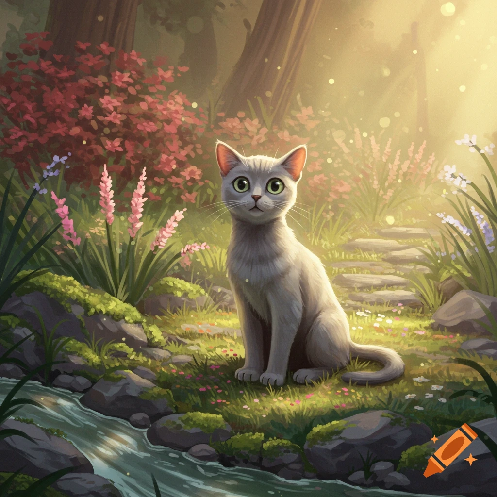 A cute grey cat with large green eyes sits in a sunlit magical forest with pink flowers and a stream, in an illustration style.