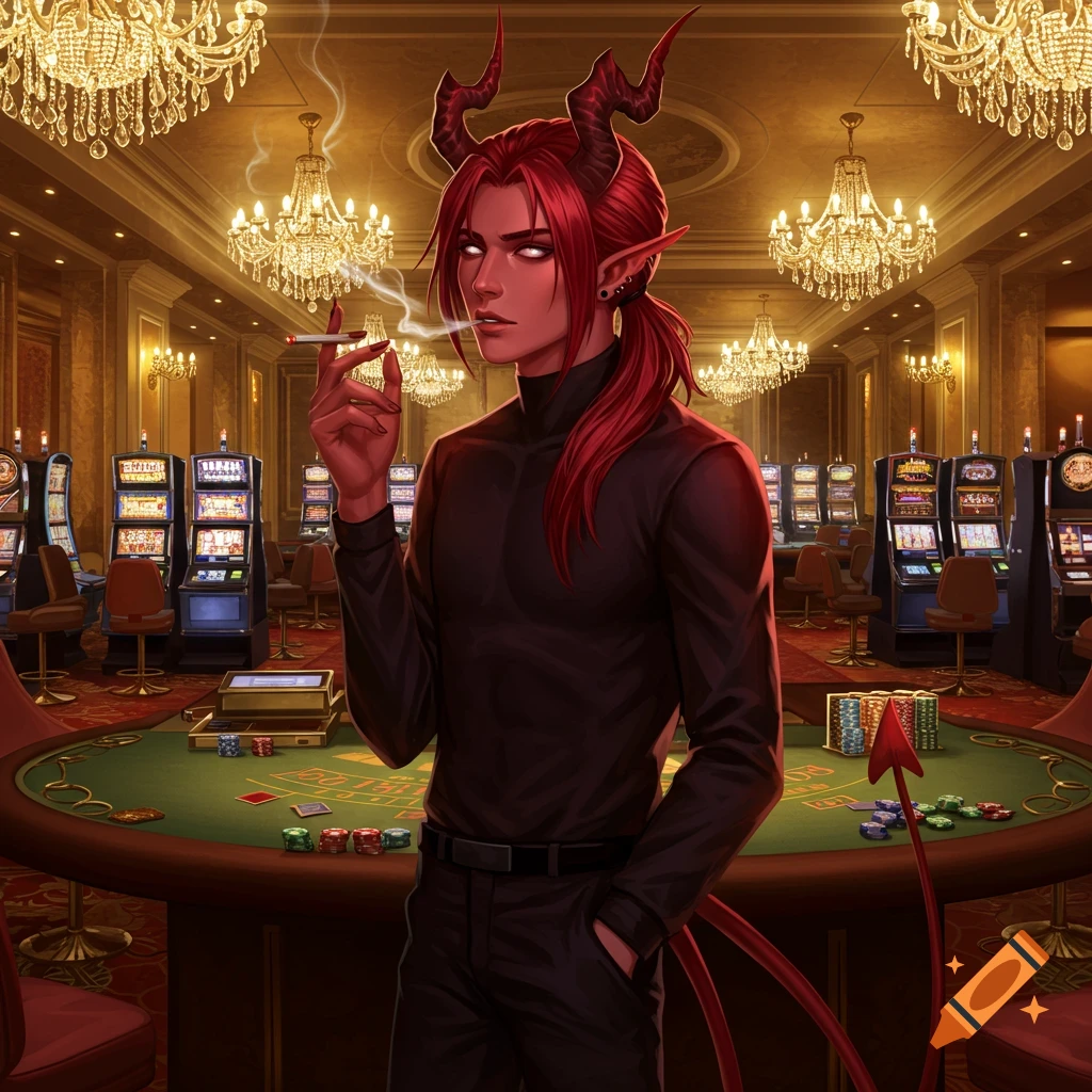 A red-skinned, horned devil man with a ponytail stands in a casino, smoking a cigarette at a poker table.