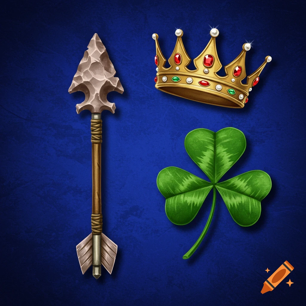 An arrowhead, a golden crown, and a green three-leaf clover are arranged on a textured blue background.