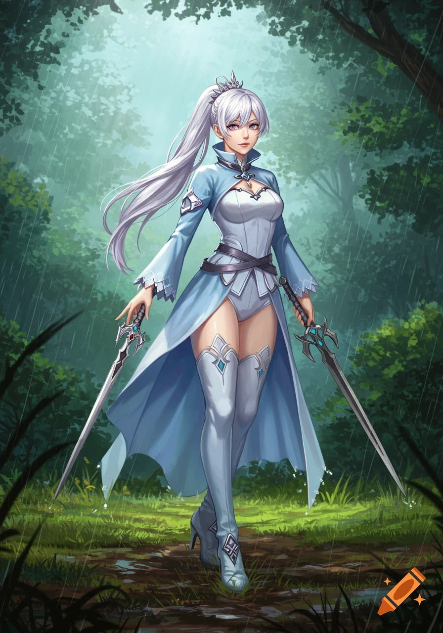 Anime character Weiss Schnee with long white hair in a blue and white outfit holding two swords in a rainy forest.