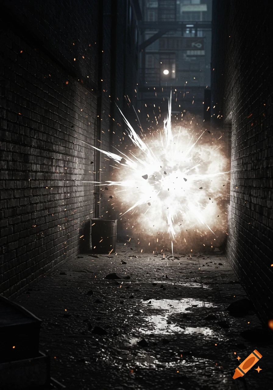 A blinding flashbang explosion lights up a dark, wet, and grimy brick alleyway, with debris and sparks flying through the air.