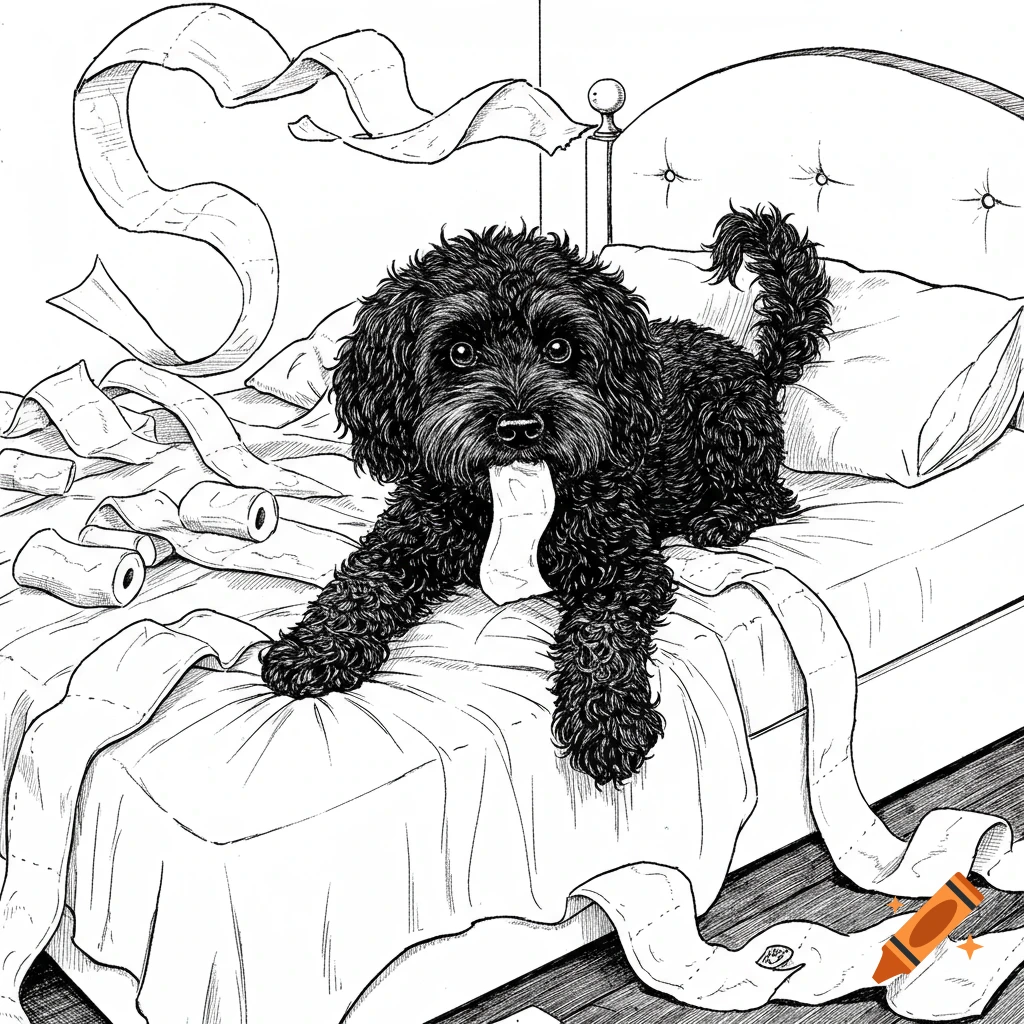 A mischievous black schnoodle dog lies on a bed covered in ripped toilet paper, holding a piece in its mouth, in a black and white sketch.