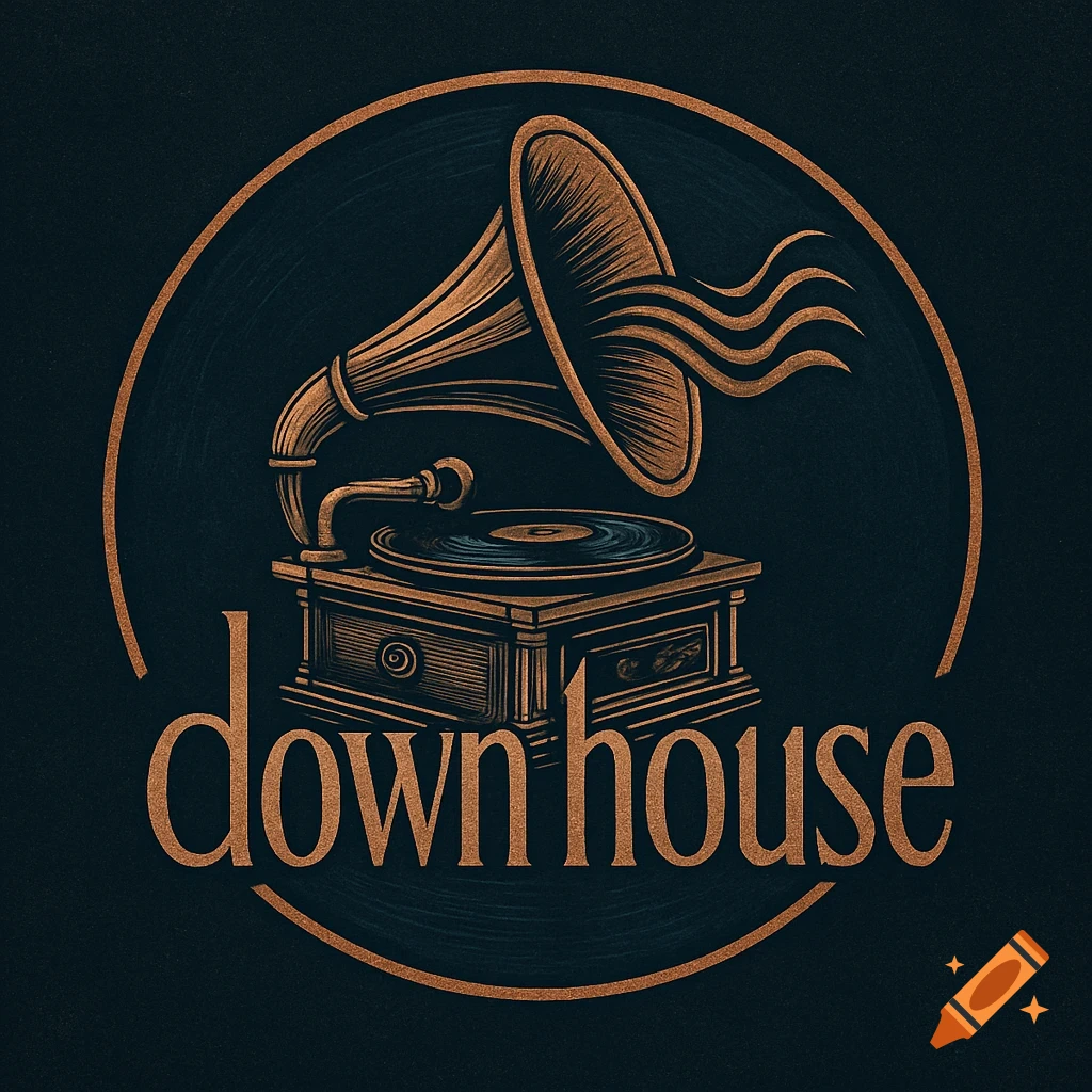 A vintage-style logo featuring a gramophone with a record on a dark background, and the word "downhouse" beneath it, enclosed within a circular border.