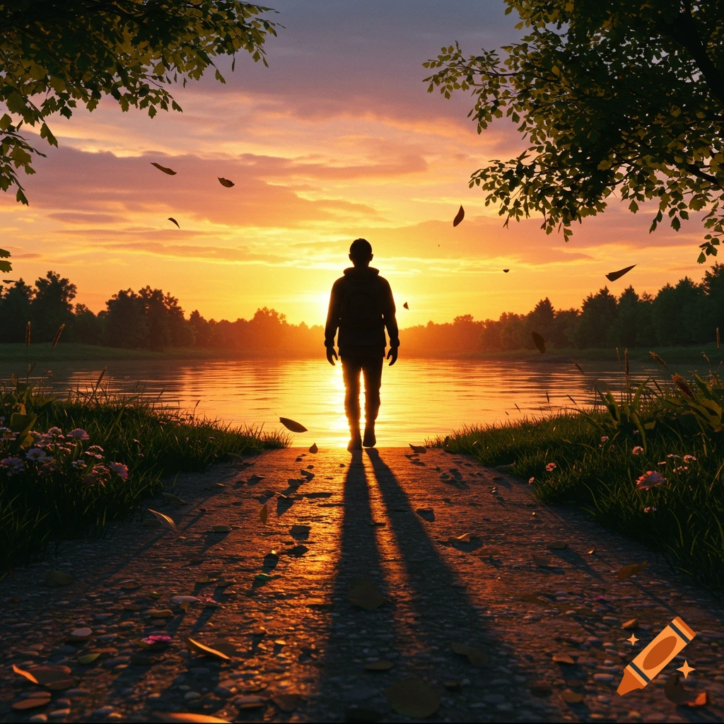 A lone figure silhouetted against a vibrant sunset over a lake, standing on a path with fallen leaves.
