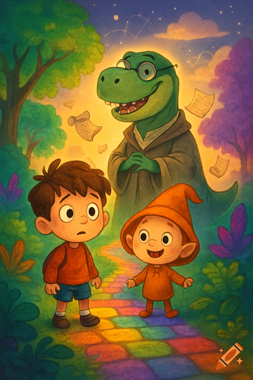 A colorful illustration of a boy and an elf on a rainbow path in a magical forest, looking at a wise, glasses-wearing dinosaur with floating maps.