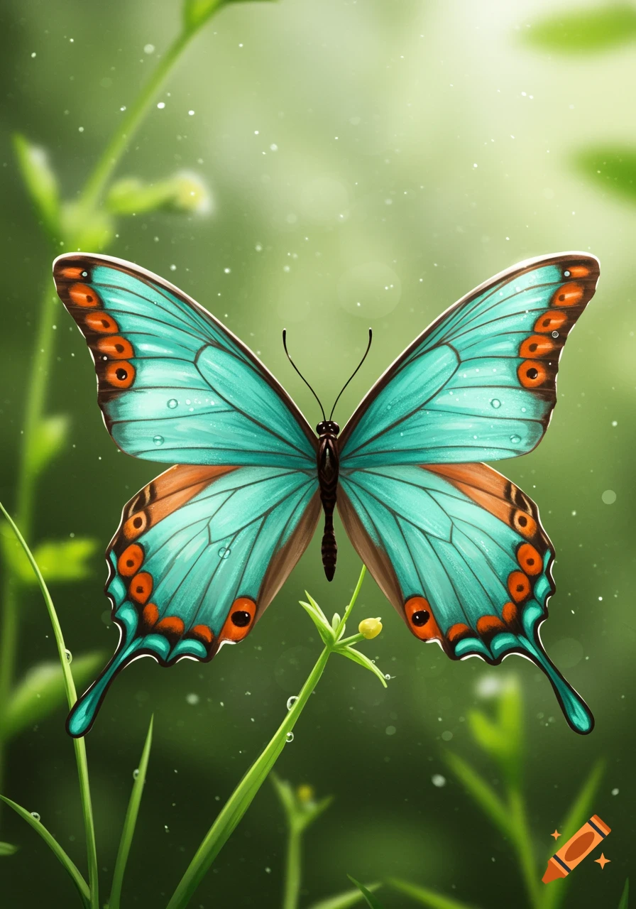 A vibrant blue and orange butterfly with its wings spread against a soft green, out-of-focus background of leaves and grass.