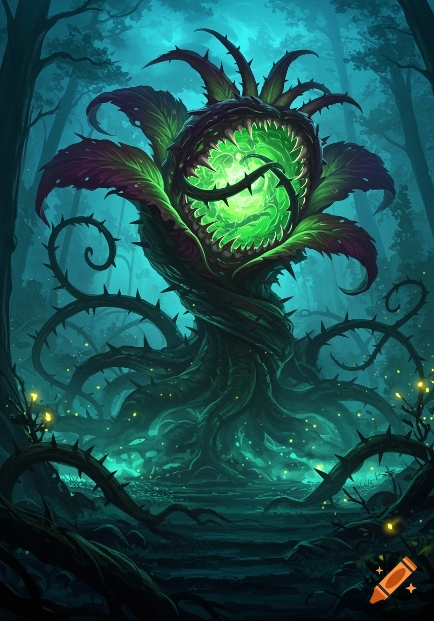 A giant, monstrous, thorny plant with a glowing green, toothy mouth in a dark, mystical forest.