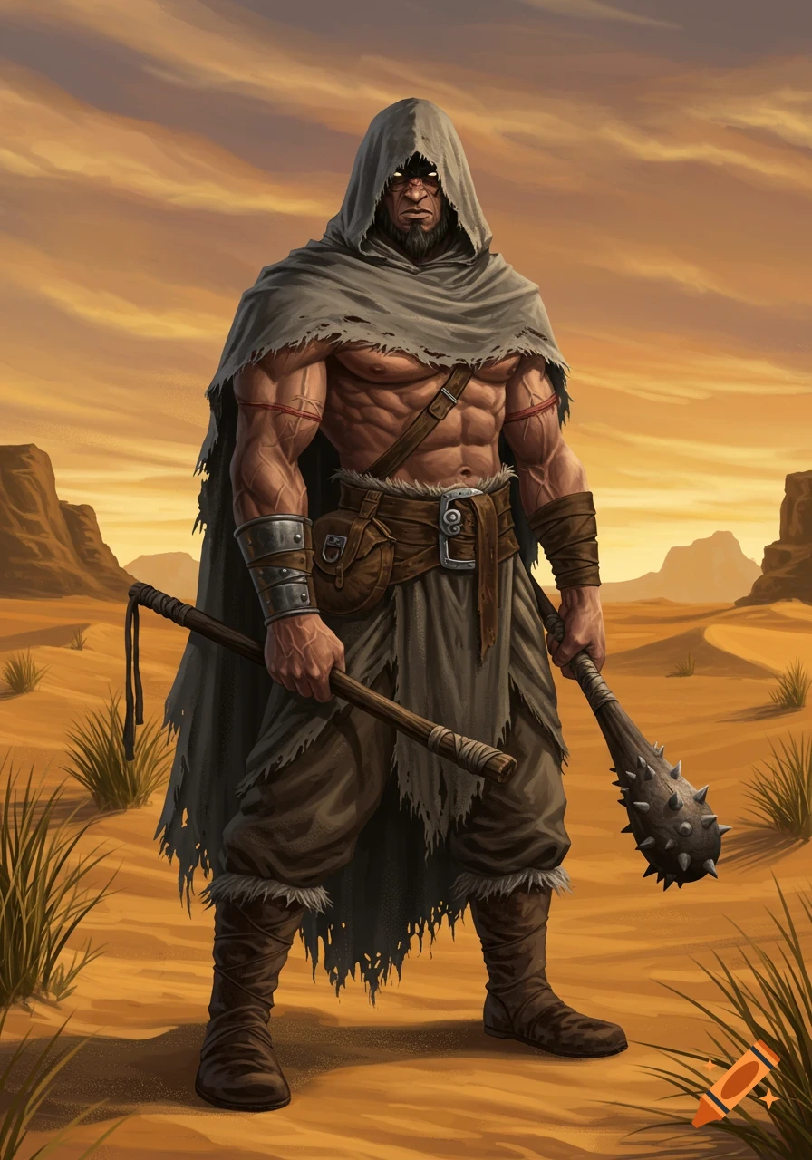 Full-body digital painting of a burly hooded barbarian holding a club and a whip in a desert landscape.
