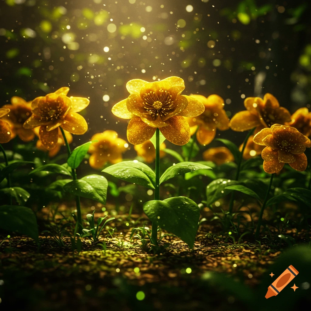 Close-up of golden flowers on a forest floor, illuminated by dappled sunlight and sparkling particles.