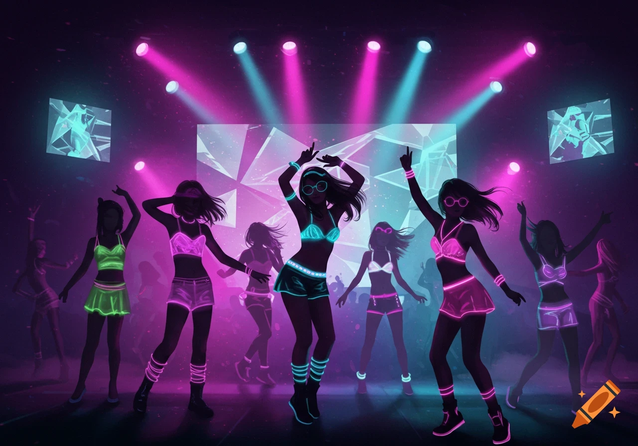 Stylized illustration of a group of girls dancing at a vibrant neon rave party.