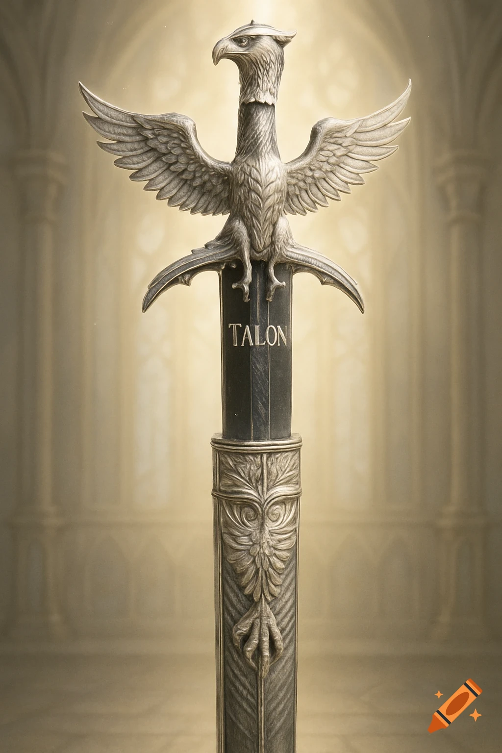 A detailed longsword with a silver eagle-shaped hilt and a dark blade inscribed with 'TALON', set against a softly lit temple background.