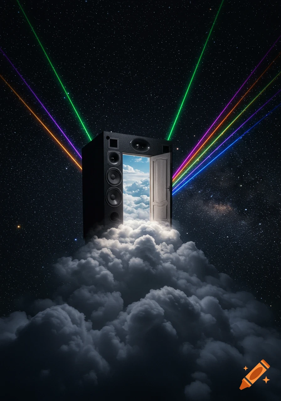 A large speaker on clouds in space with an open door revealing a cloudy sky. Rainbow lasers shoot across the starry background.
