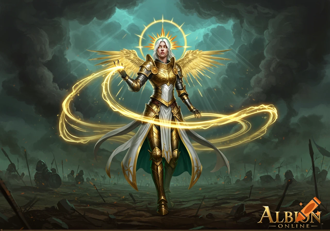 A female holy warrior with golden armor, white hair, a halo, and golden wings stands on a stormy battlefield, casting light. Albion Online logo at bottom right.