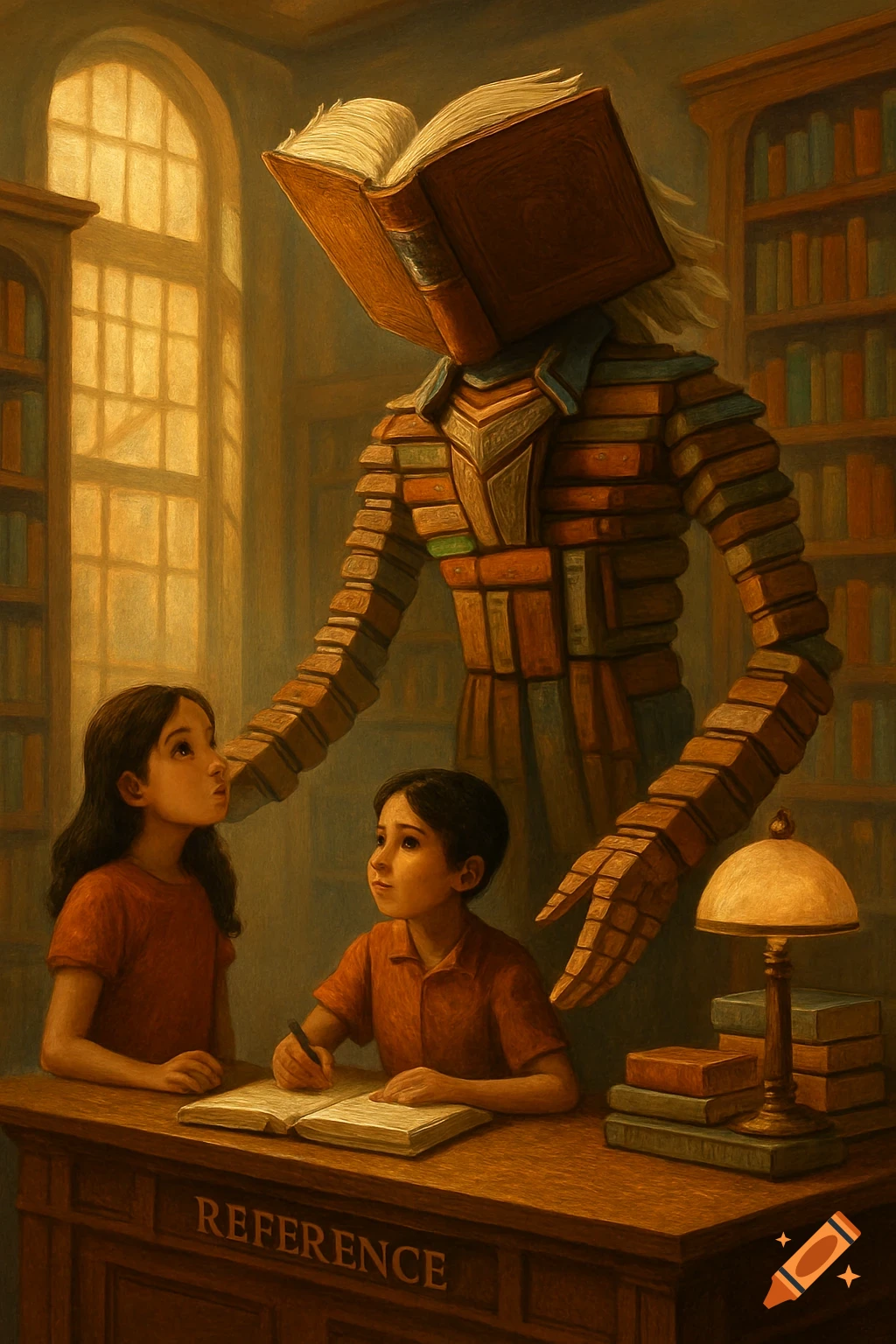 Two children at a library reference desk look up at a humanoid figure made of books. Painterly style.